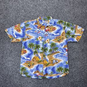 VTG Hawaiian Shirt Mens Blue Woody Car Surfboard Beach Print Made USA Size Large